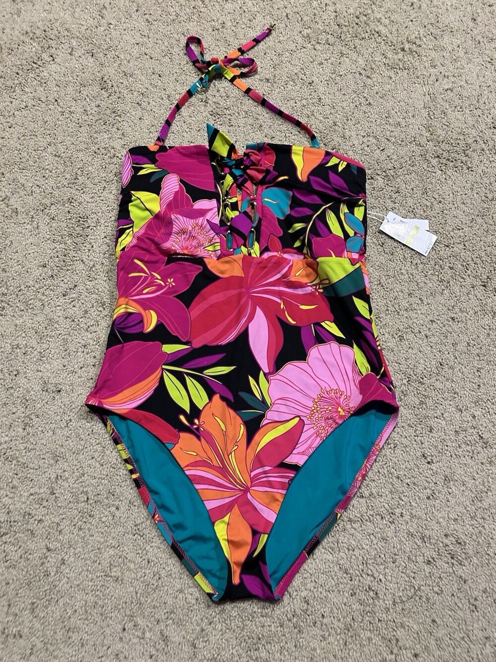 NEW $172 TRINA TURK size 14 Swimsuit One-piece Solar Floral Strappy Lace Up A26